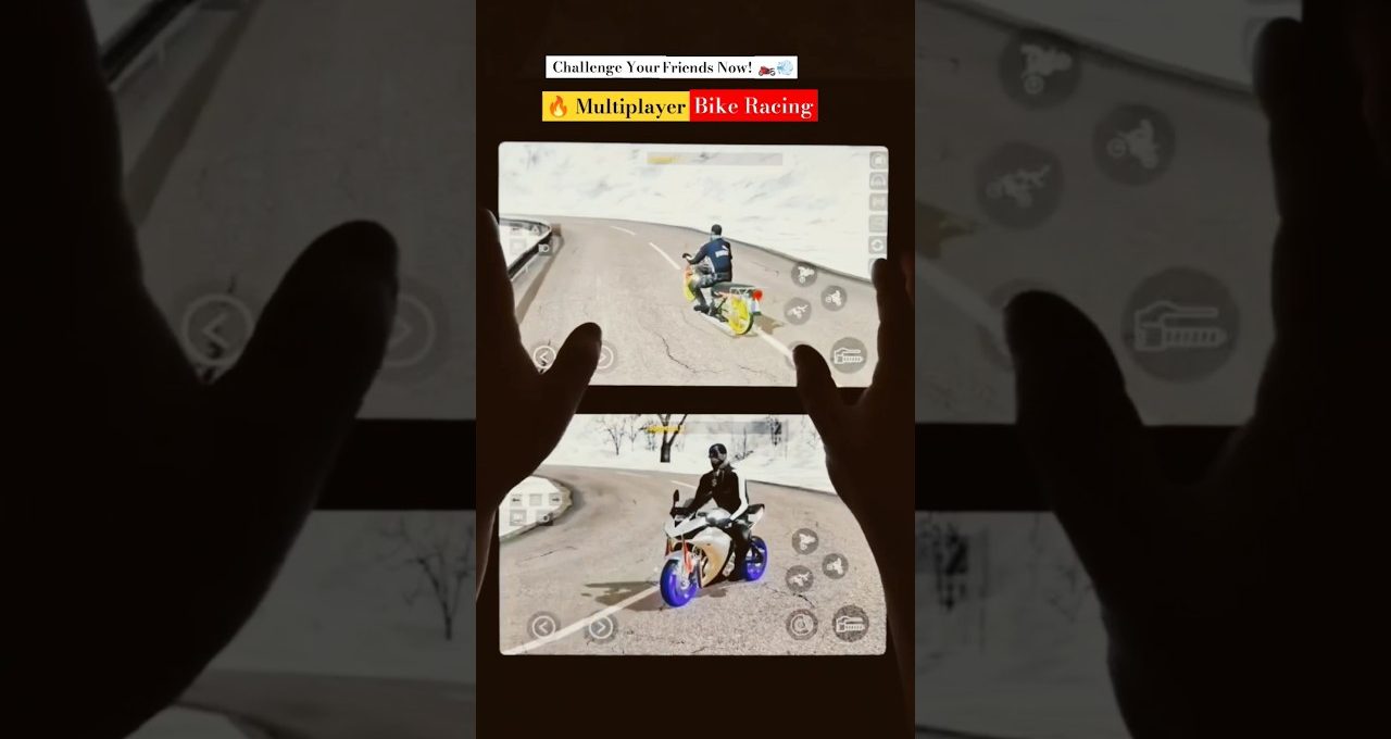 Two players holding phones playing split-screen multiplayer motorcycle racing game on snowy road