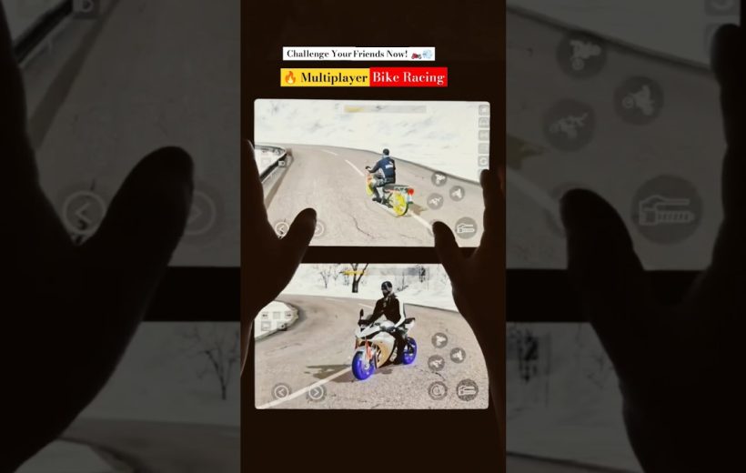 Two players holding phones playing split-screen multiplayer motorcycle racing game on snowy road