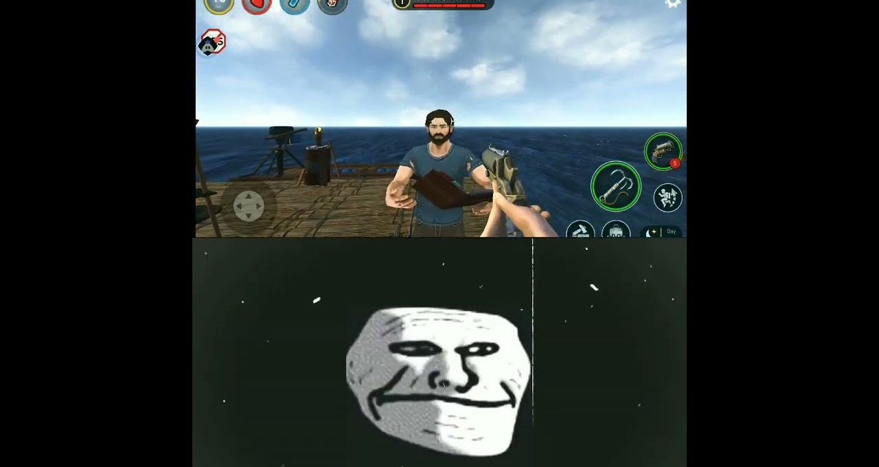 Split-screen showing a first-person sea survival game above and a stylized troll face below