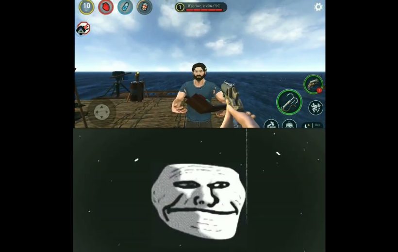 Split-screen showing a first-person sea survival game above and a stylized troll face below