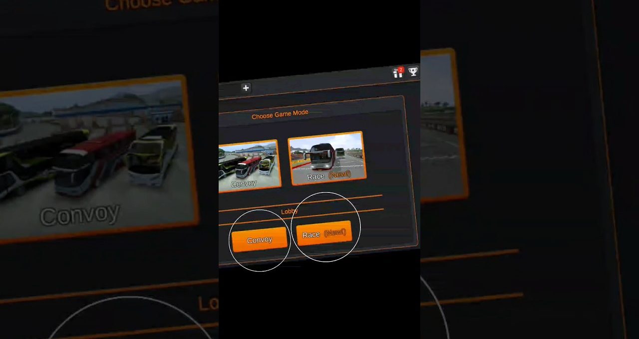 Game menu showing two mode thumbnails and orange buttons labeled "Convoy" and "Race."