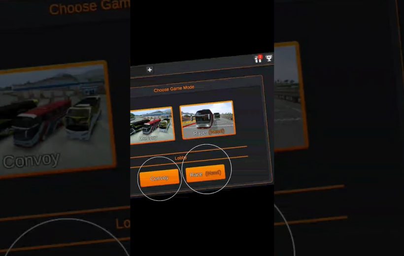Game menu showing two mode thumbnails and orange buttons labeled "Convoy" and "Race."