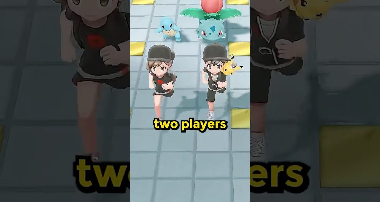Two players running side-by-side with Squirtle, Ivysaur, and Pikachu companions