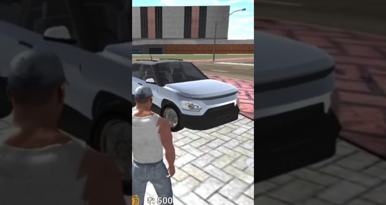 Player character standing by a white SUV parked on a city sidewalk near buildings
