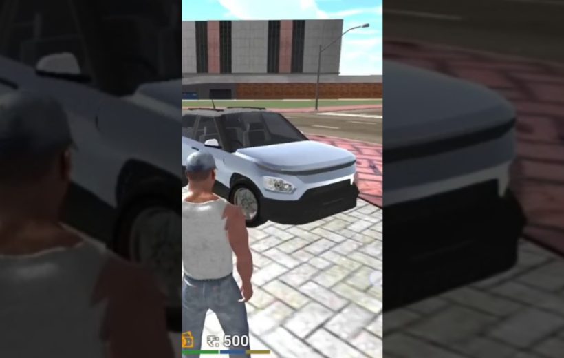 Player character standing by a white SUV parked on a city sidewalk near buildings
