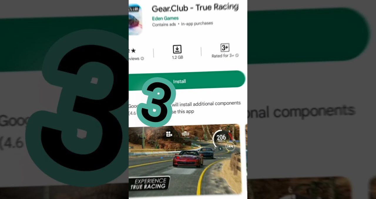 Smartphone screen showing Gear.Club True Racing app install page with racing screenshot.