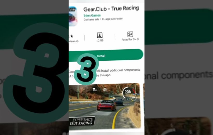 Smartphone screen showing Gear.Club True Racing app install page with racing screenshot.