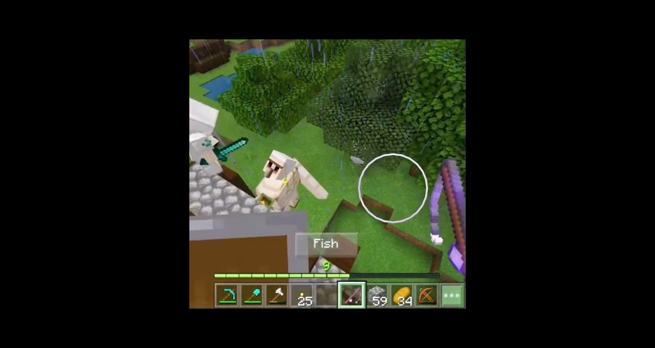 Minecraft gameplay showing a player feeding fish to an iron golem near trees