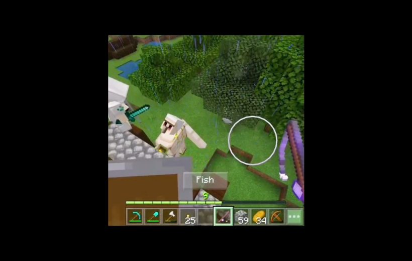 Minecraft gameplay showing a player feeding fish to an iron golem near trees