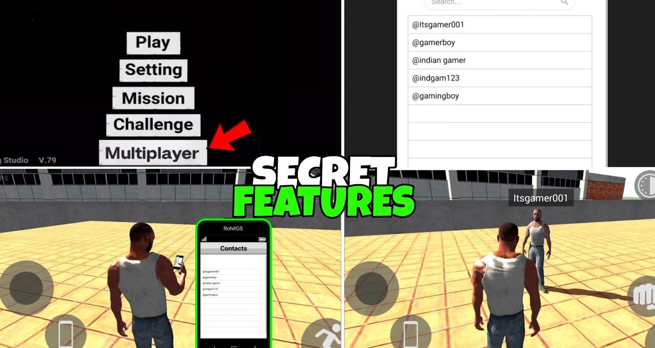 Open-world game screenshots showing a character, multiplayer menu, and in-game phone contacts
