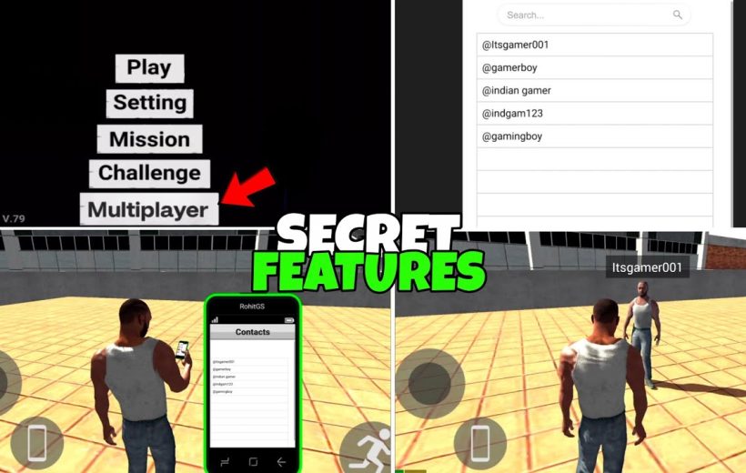 Open-world game screenshots showing a character, multiplayer menu, and in-game phone contacts