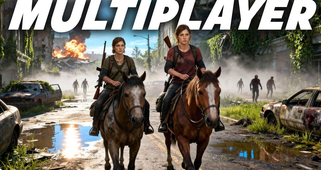 Two armed women on horseback ride through a ruined city with zombies approaching.