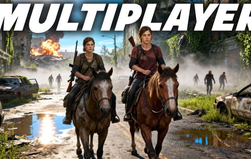 Two armed women on horseback ride through a ruined city with zombies approaching.