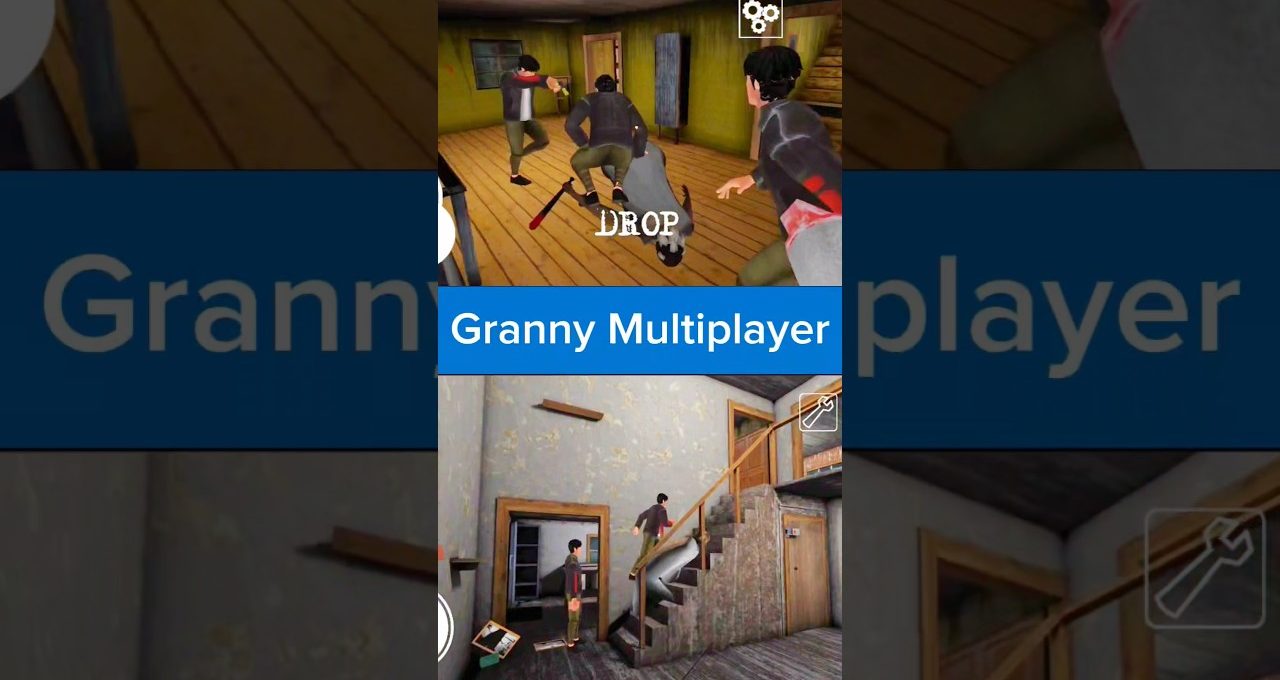 Multiplayer gameplay screenshots showing characters exploring and confronting in a haunted house setting