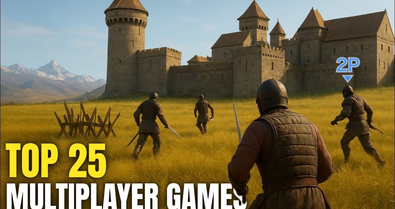 Four armored medieval fighters approaching a stone castle across a grassy field