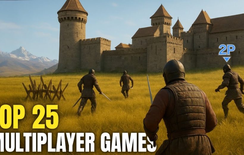 Four armored medieval fighters approaching a stone castle across a grassy field