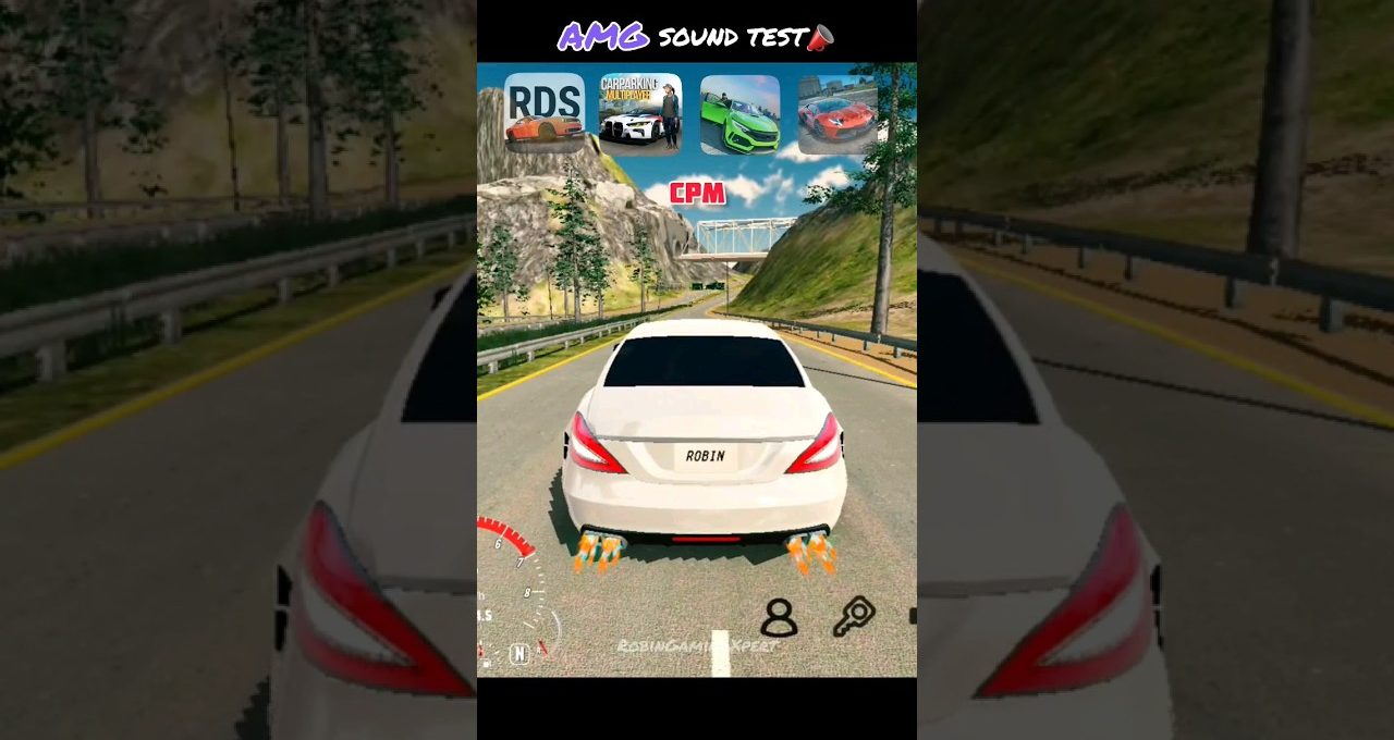 White sports sedan driving on mountain highway with exhaust flames and license "ROBIN"
