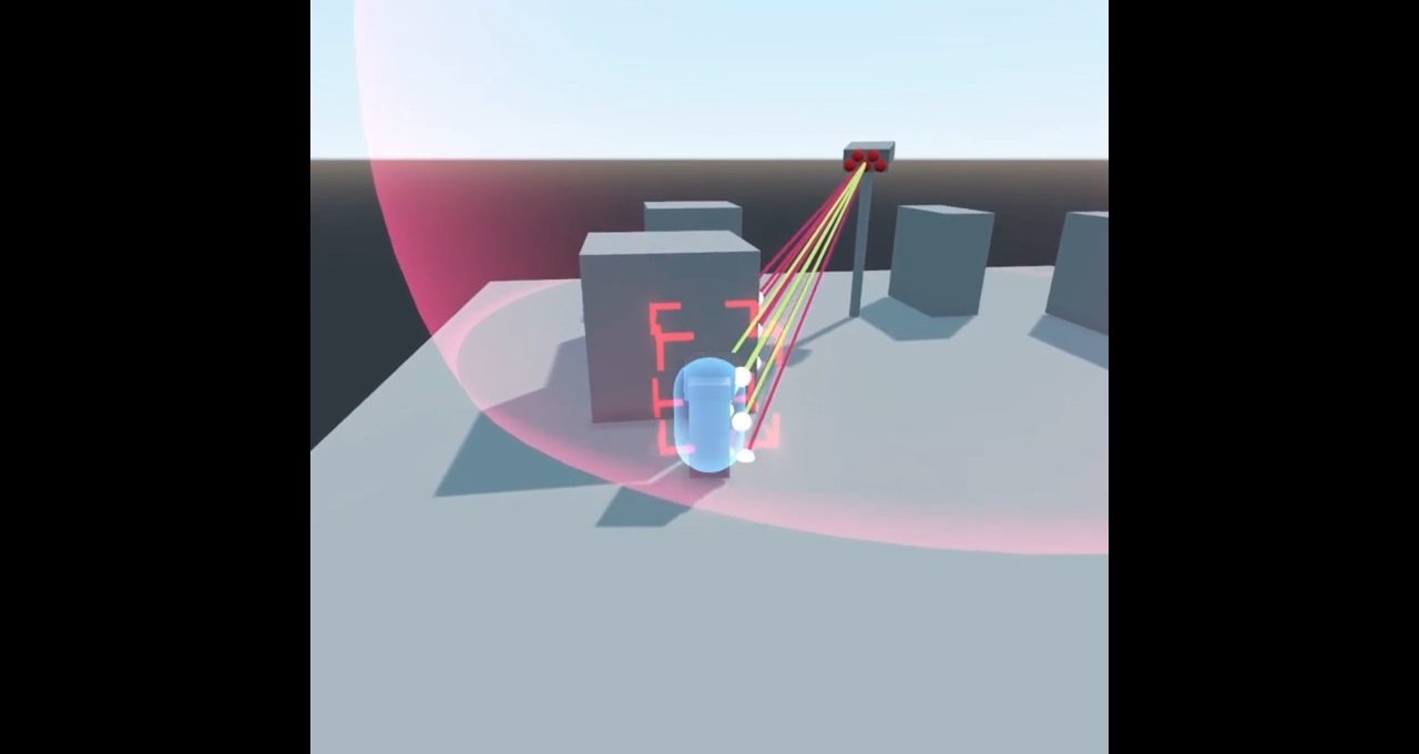 Small blue robot behind a cube targeted by multicolored laser beams and shield
