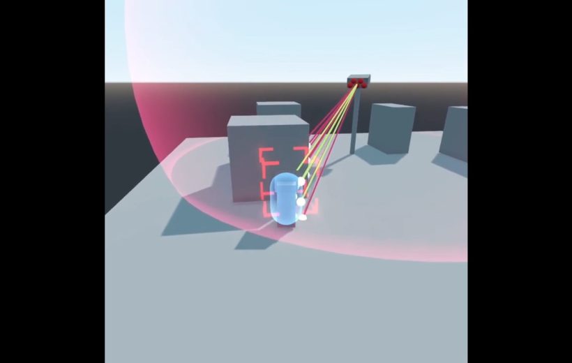 Small blue robot behind a cube targeted by multicolored laser beams and shield