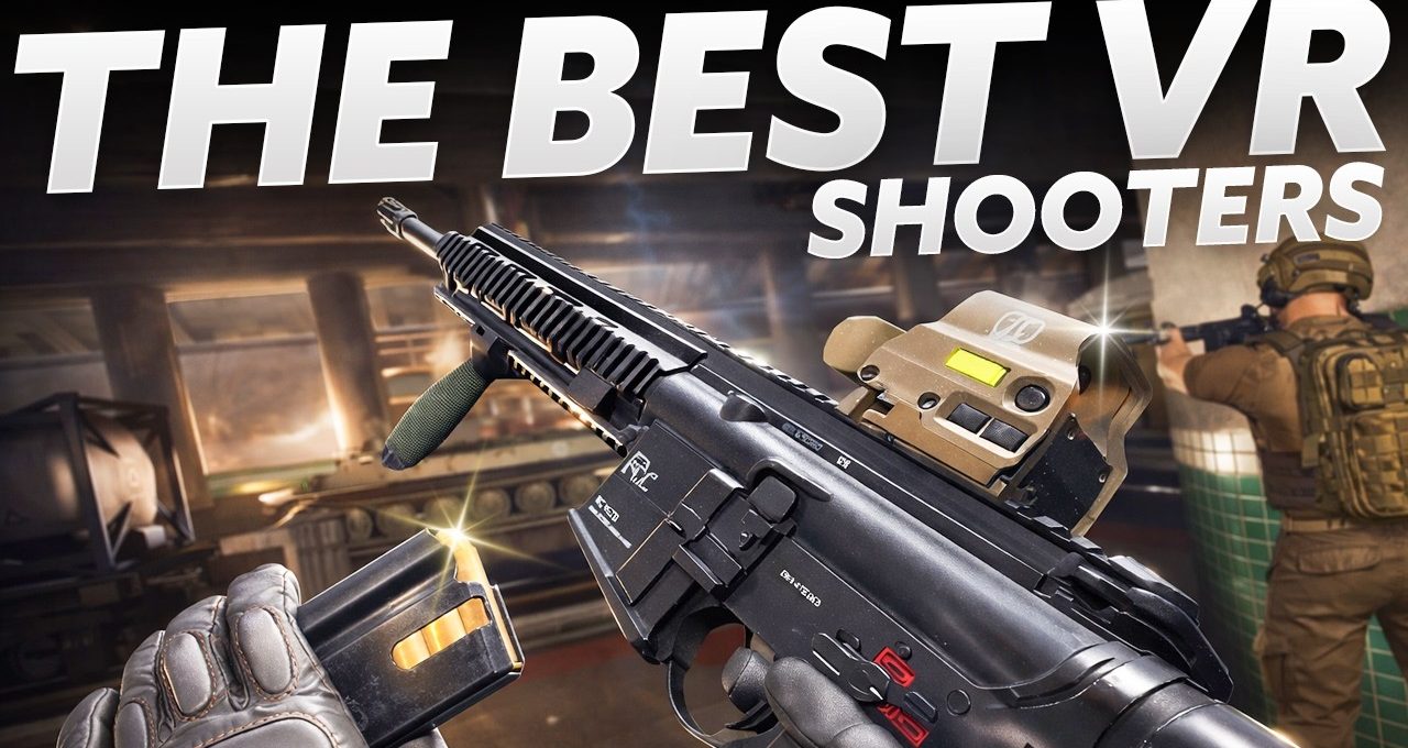 First-person view of a player reloading a rifle inside a VR shooter arena