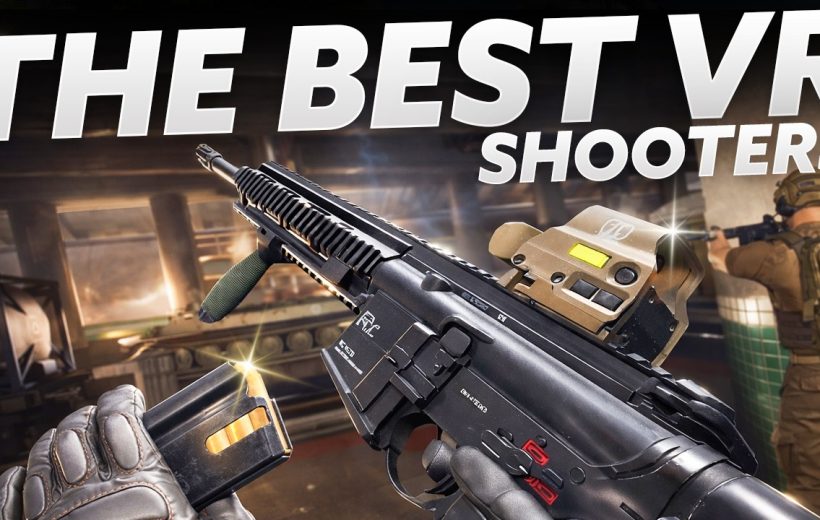 First-person view of a player reloading a rifle inside a VR shooter arena