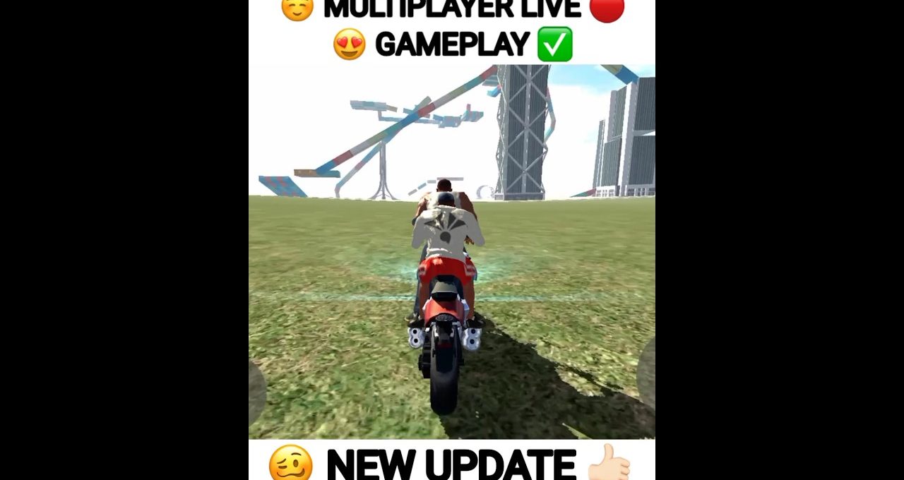 Player riding a red motorcycle across grassy field toward stunt ramps in cityscape game