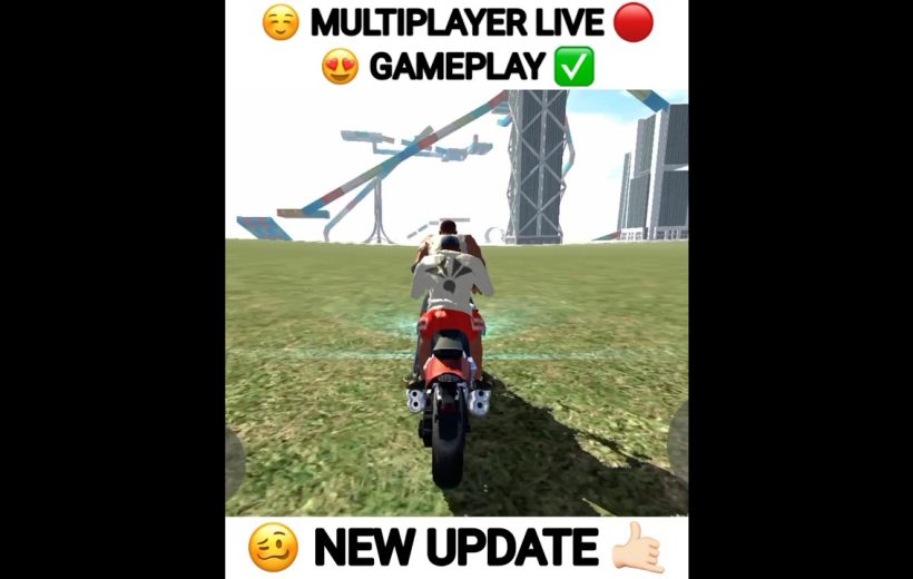 Player riding a red motorcycle across grassy field toward stunt ramps in cityscape game