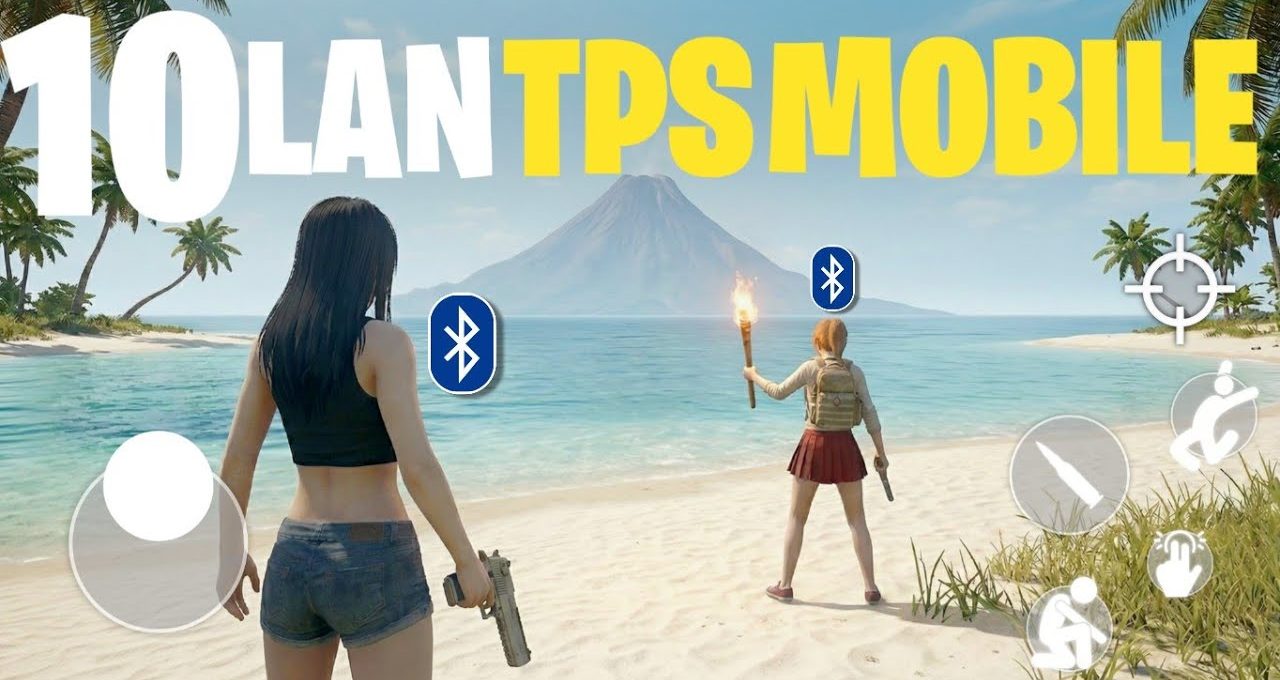 Two female game characters on tropical beach with volcano and HUD controls visible