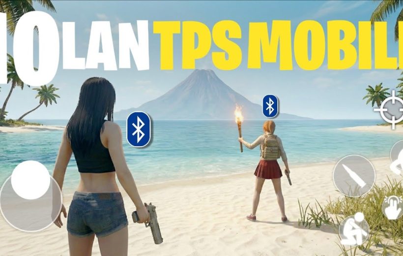Two female game characters on tropical beach with volcano and HUD controls visible