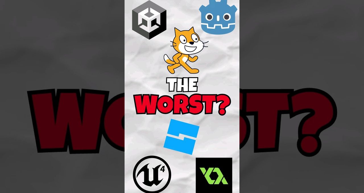 Cartoon Scratch cat surrounded by game engine logos with bold text reading "THE WORST?"