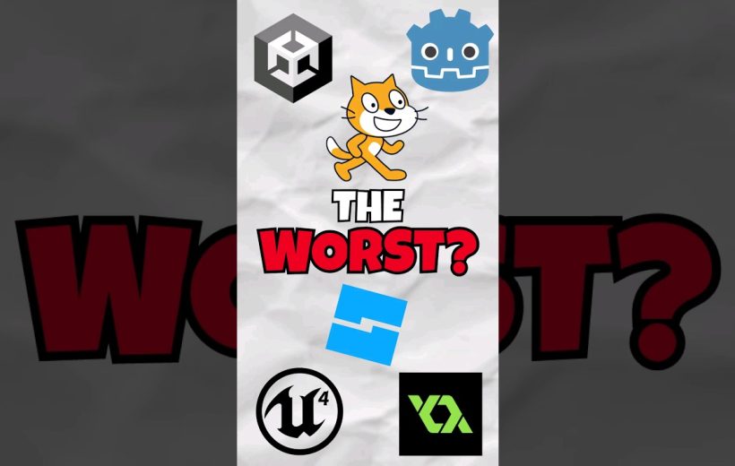 Cartoon Scratch cat surrounded by game engine logos with bold text reading "THE WORST?"