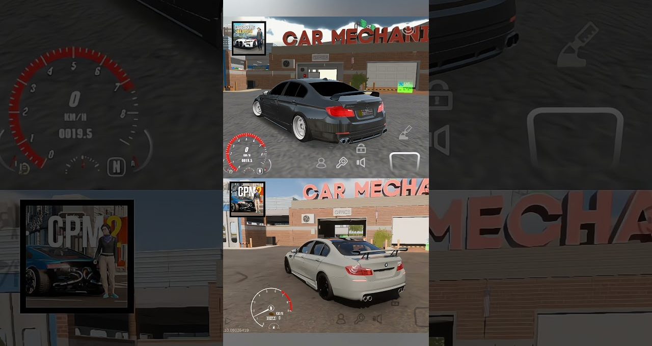 Two modified sedans parked outside a car mechanic garage in a driving simulator game