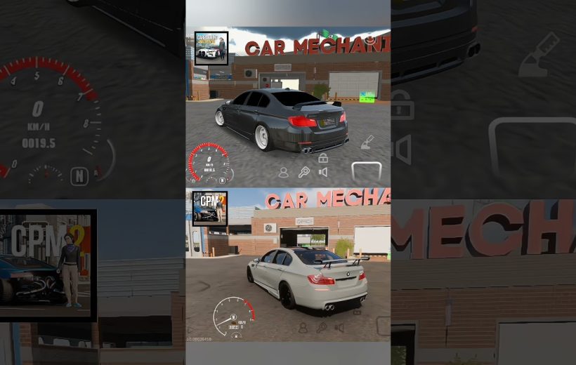 Two modified sedans parked outside a car mechanic garage in a driving simulator game