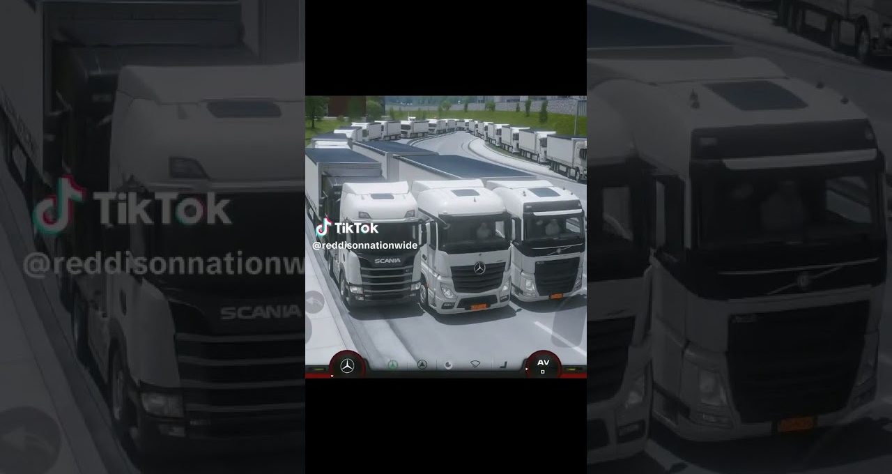 Three white semi trucks lined up on a highway ramp during daytime traffic maneuver