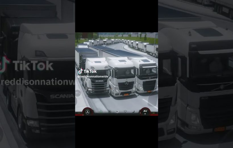Three white semi trucks lined up on a highway ramp during daytime traffic maneuver
