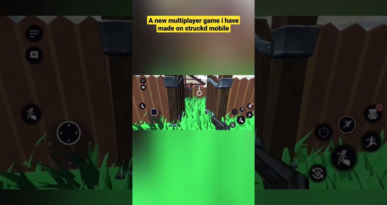 First-person view of a mobile multiplayer shooter showing gun, controls, and grassy fence lane