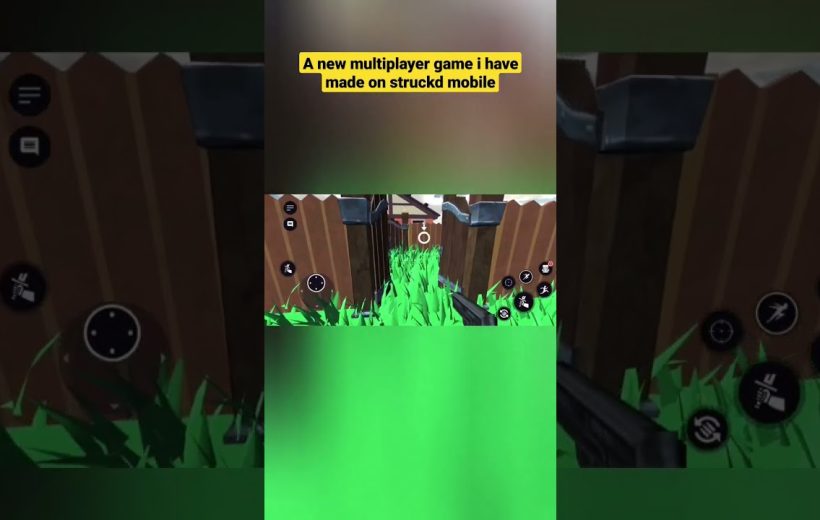First-person view of a mobile multiplayer shooter showing gun, controls, and grassy fence lane
