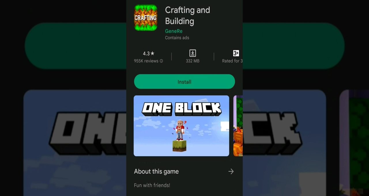 Mobile app store listing for a block-building game titled "One Block" with an Install button