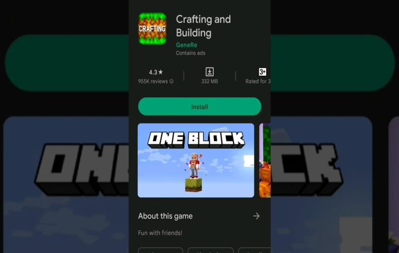 Mobile app store listing for a block-building game titled "One Block" with an Install button