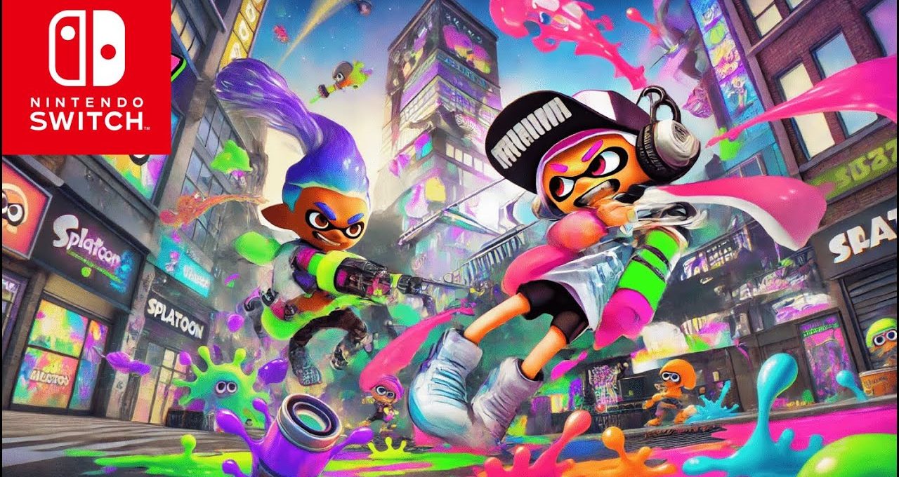 Two colorful Inklings splattering neon ink across a vibrant urban Splatoon battlefield