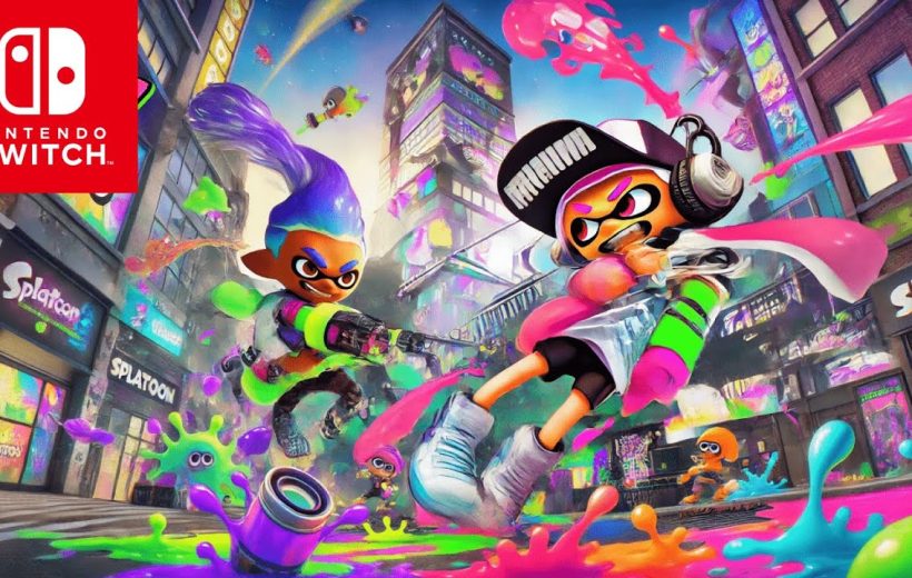 Two colorful Inklings splattering neon ink across a vibrant urban Splatoon battlefield