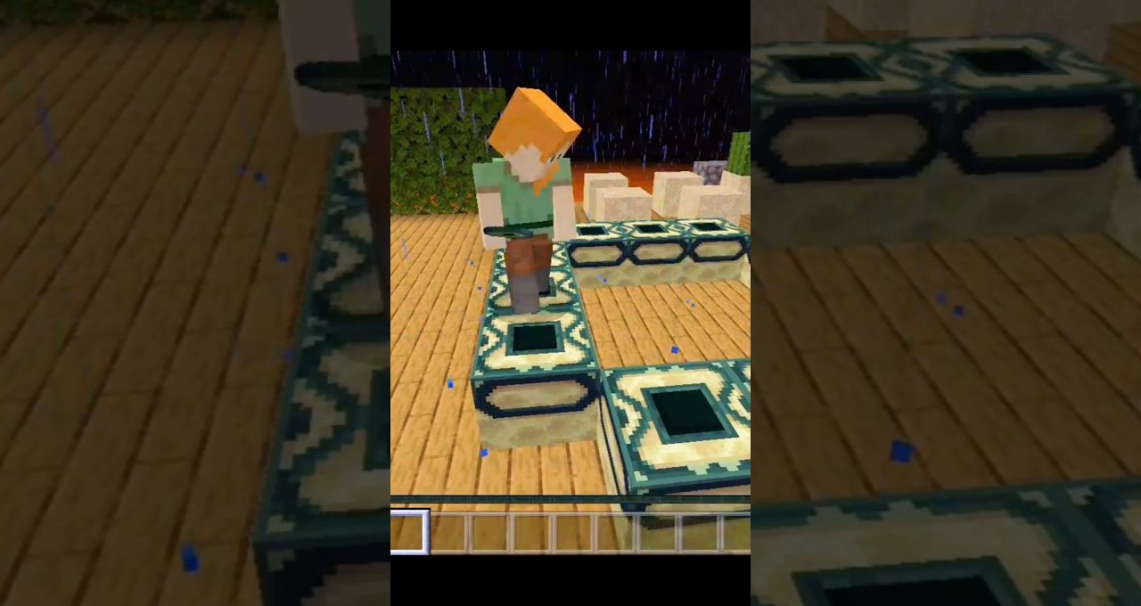 Minecraft character standing on end portal frames inside a wooden room during rain