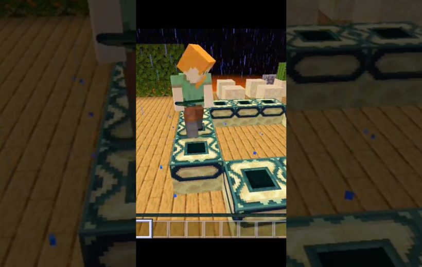 Minecraft character standing on end portal frames inside a wooden room during rain