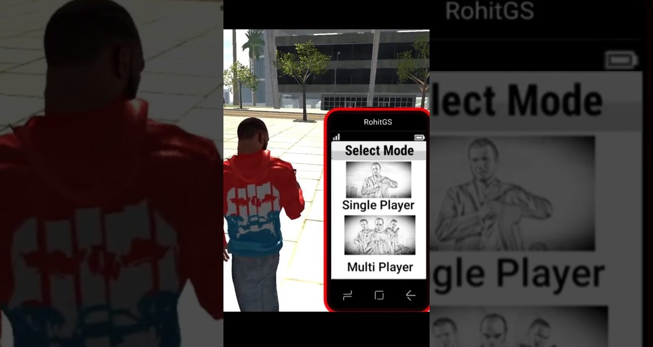 Third-person character in red jacket standing next to a phone menu showing game modes