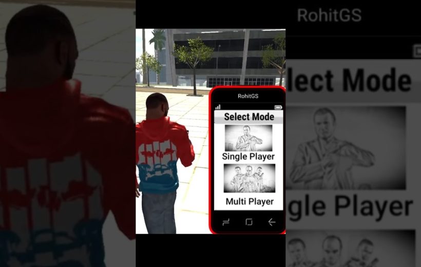 Third-person character in red jacket standing next to a phone menu showing game modes