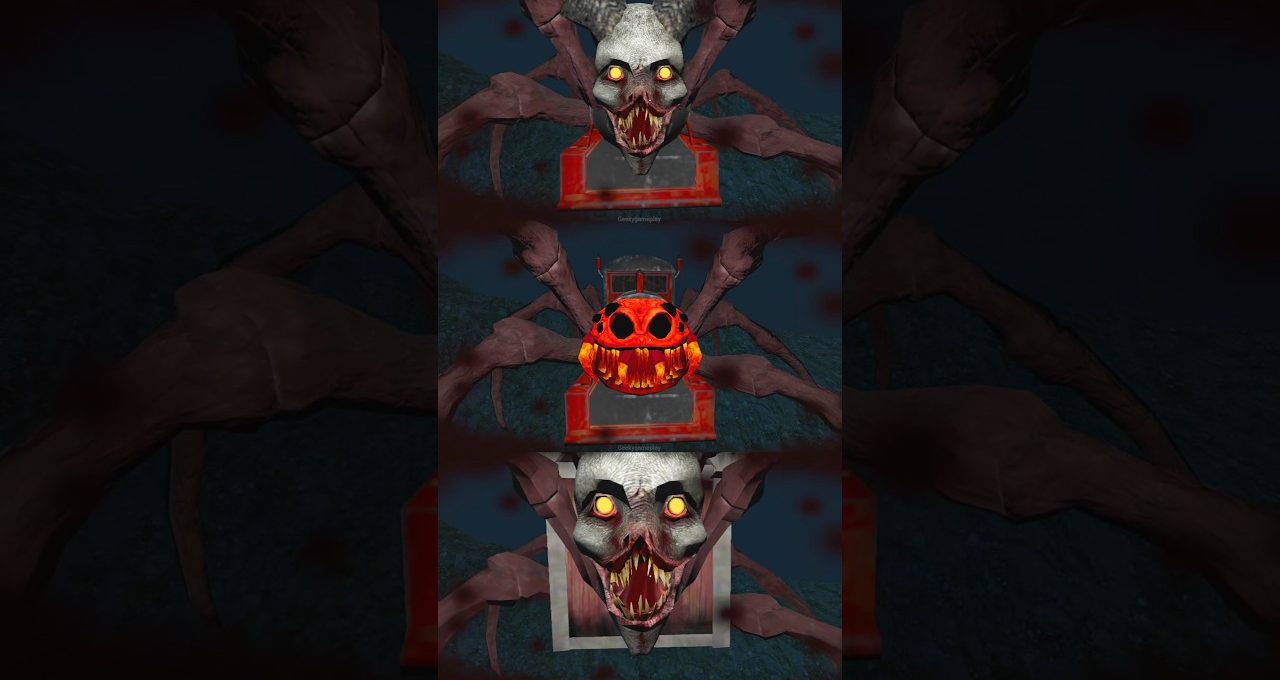 Three stacked demonic jack-o'-lantern and horned skull faces with glowing eyes and teeth