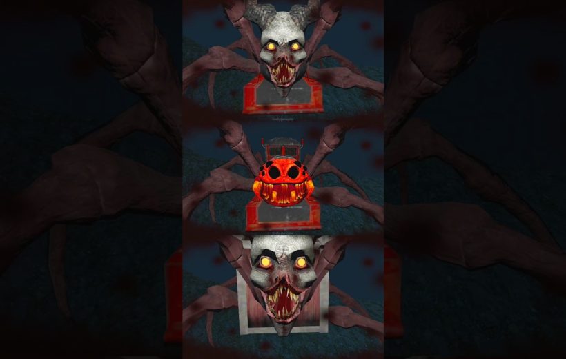 Three stacked demonic jack-o'-lantern and horned skull faces with glowing eyes and teeth