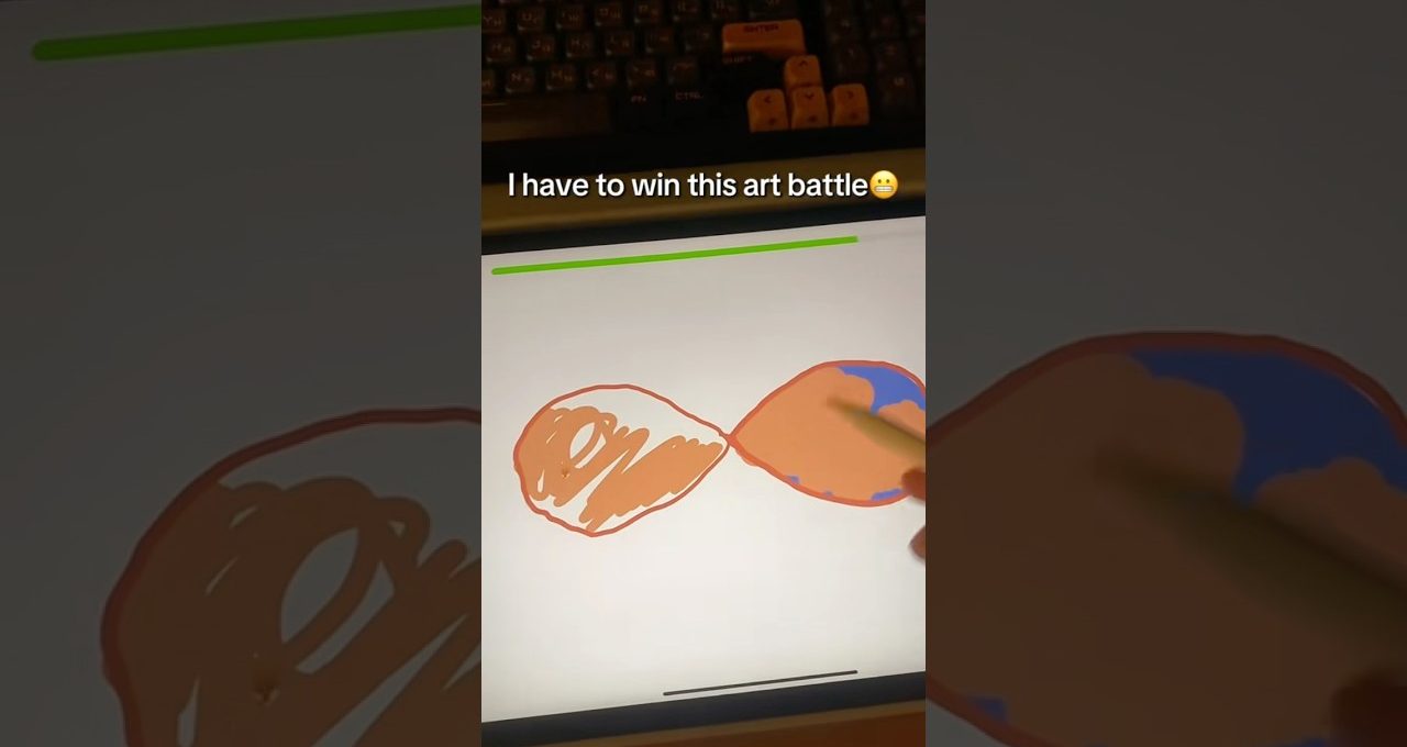 Tablet screen showing a hand drawing two connected abstract orange and blue shapes, progress bar visible