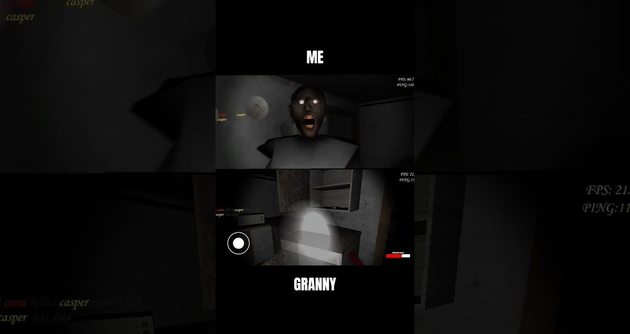 Split-screen horror game screenshot showing a screaming ghostly granny confronting the player.