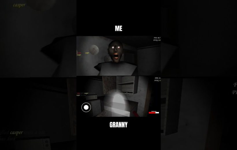 Split-screen horror game screenshot showing a screaming ghostly granny confronting the player.